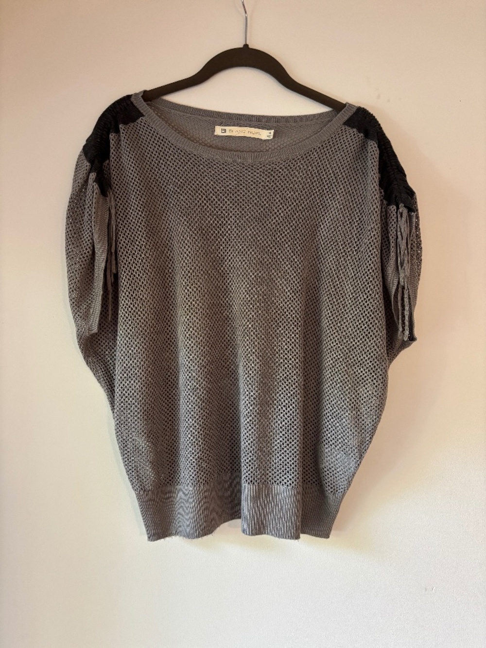 Blanc Noir Gray Open Fishnet Mesh Knit Fringe Shoulder Dolman Top Size M